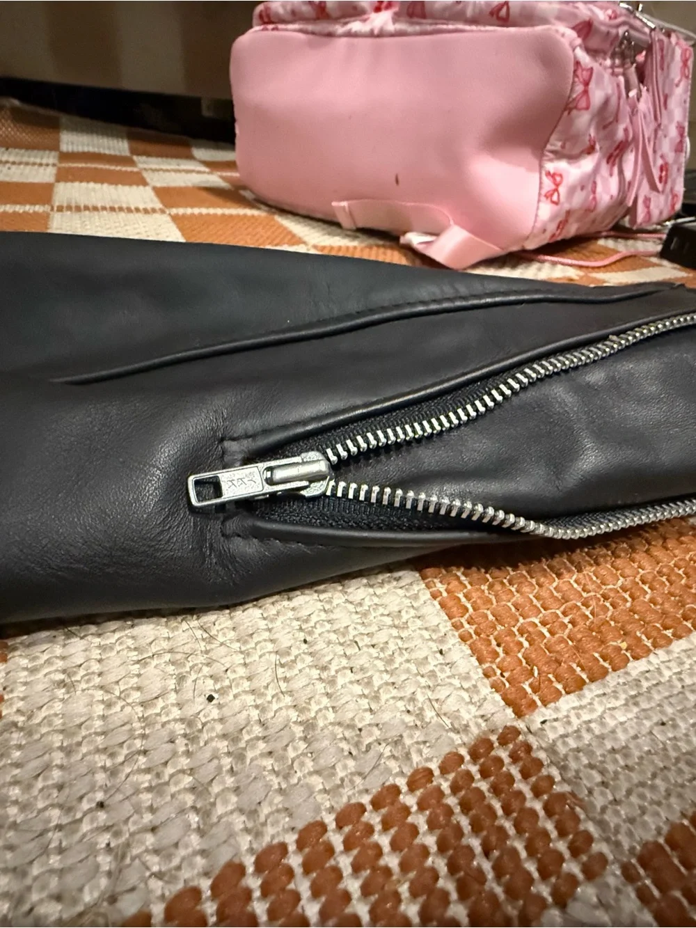 Men's Black Leather Bomber Jacket with Zip Pockets